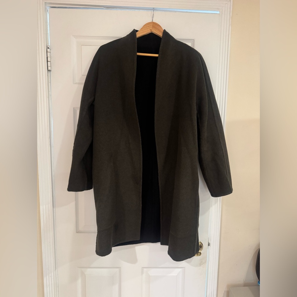Vince reversible wool blend coat, in black and dark olive green. Size medium.